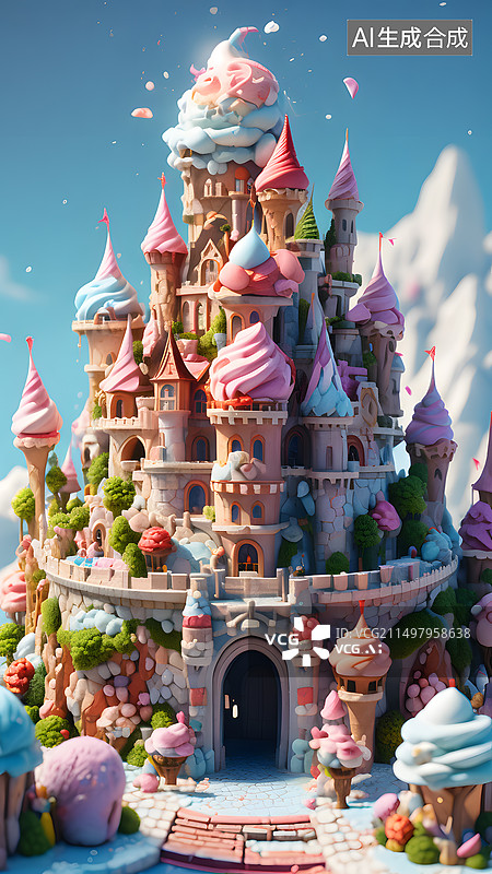 【AI数字艺术】各种各样的冰淇淋组成的山脉和城堡图片素材