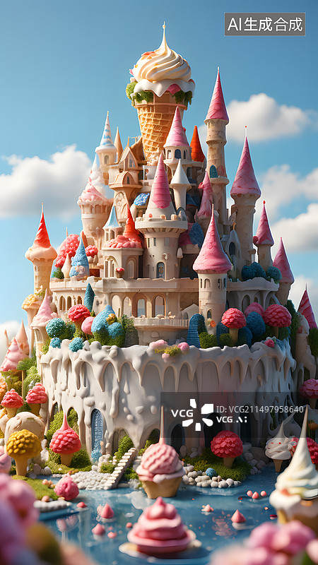 【AI数字艺术】各种各样的冰淇淋组成的山脉和城堡图片素材