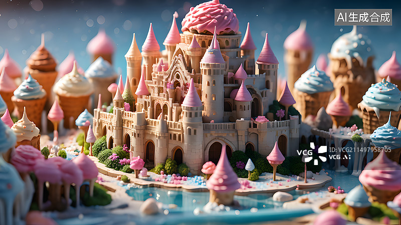 【AI数字艺术】各种各样的冰淇淋组成的山脉和城堡图片素材