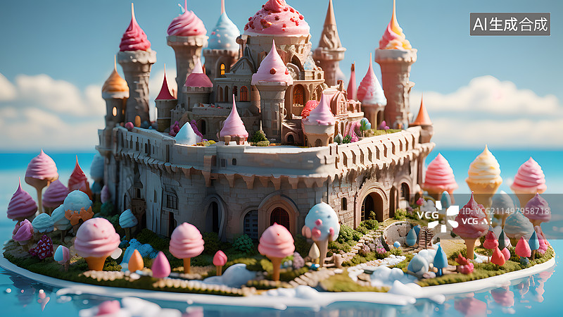 【AI数字艺术】各种各样的冰淇淋组成的山脉和城堡图片素材