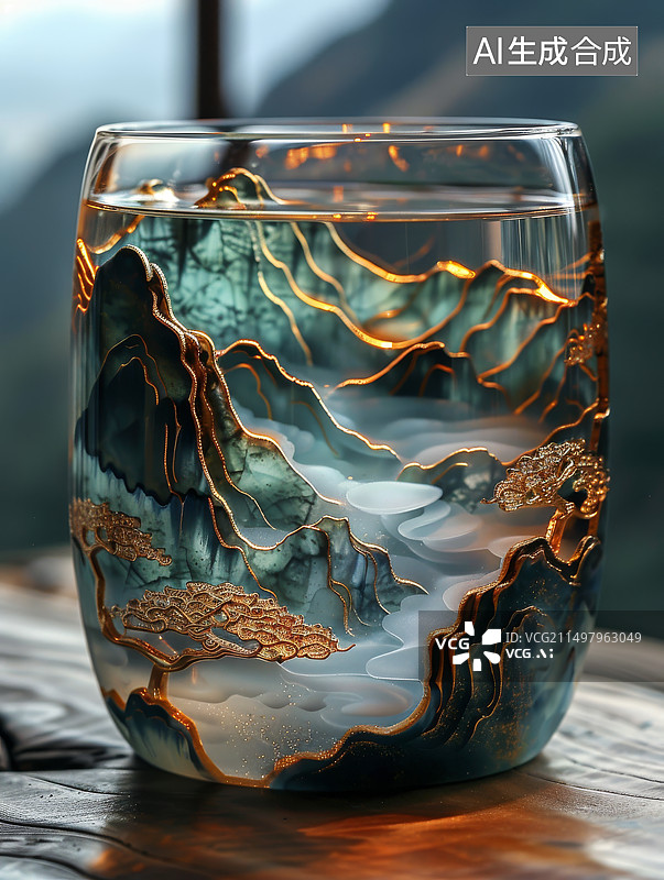 【AI数字艺术】玻璃杯中的山水画图片素材