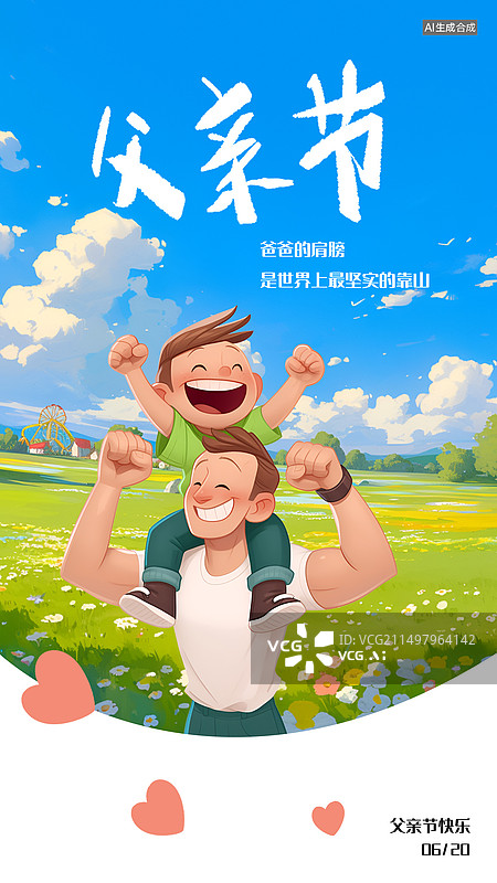 【AI数字艺术】父亲节海报 孩子骑在爸爸的肩膀上图片素材