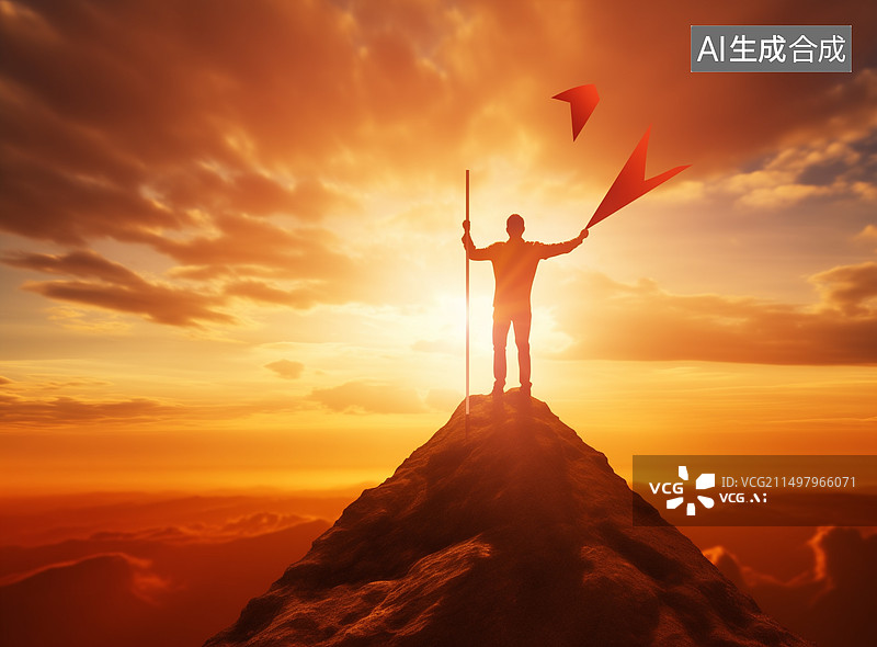 【AI数字艺术】理财投资赚钱挣钱站在山顶励志背影成功人士图片素材