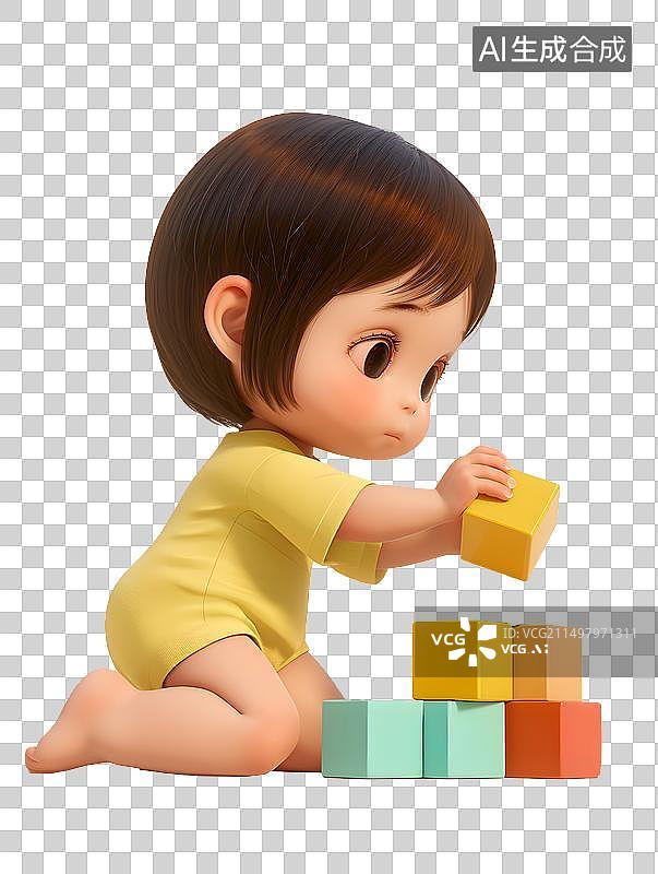 【AI数字艺术】玩积木的女孩3D图片素材