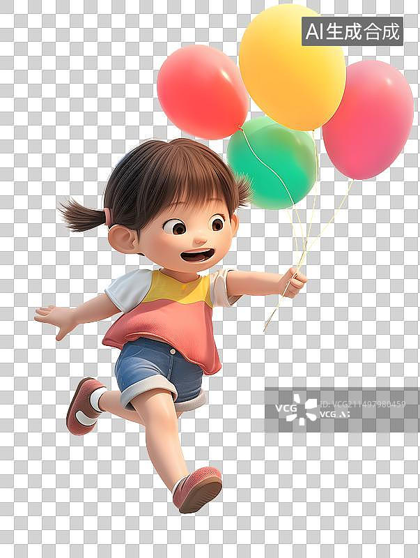 【AI数字艺术】拿着气球奔跑的孩子3D图片素材