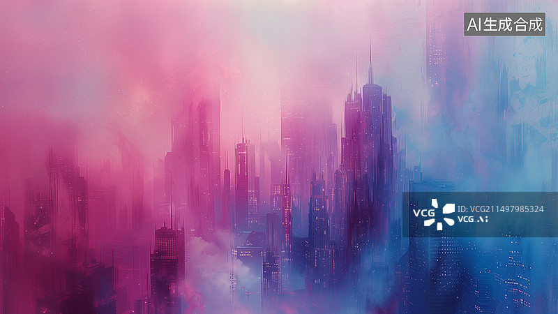 【AI数字艺术】多重曝光下云雾笼罩的彩色现代城市，电脑桌布设计图片素材