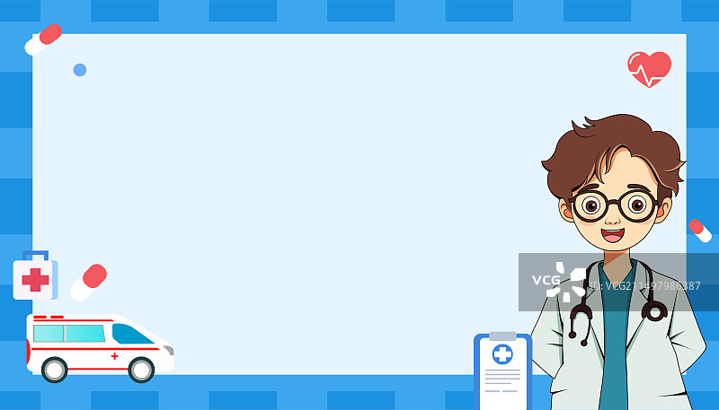 中国医师节背景，医生医疗健康卡通简约科技边框插画背景图片素材