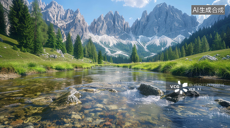 【AI数字艺术】雪山树林小溪户外景色图片素材