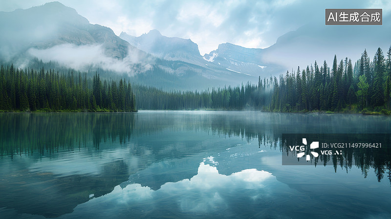 【AI数字艺术】雪山树木湖泊图片素材