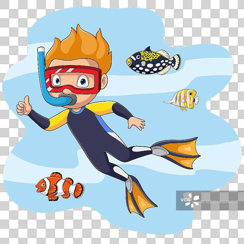卡通：在水下潜水的小男孩图片素材