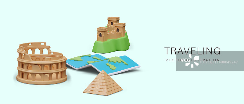 卡通风格的长城旅行概念3D图片素材