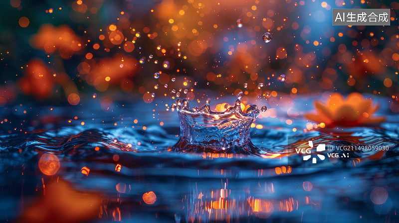 【AI数字艺术】蓝色的水滴落水，溅起的水花特写镜头图片素材