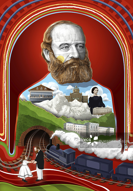 瑞士铁路先驱阿尔弗雷德·埃舍尔概念插画图片素材