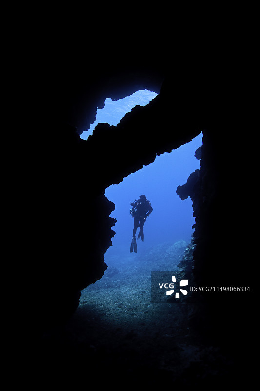 潜水员在洞穴入口图片素材