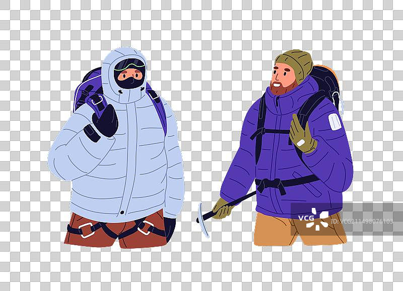 携带装备的登山者：背包和安全绳图片素材