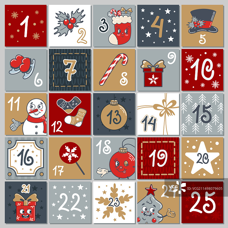 可爱风格降临节日历，25个雪人数字窗口图片素材