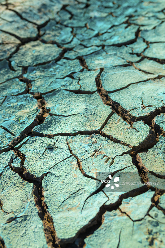 干涸在龟裂土地上的蓝色液体图片素材