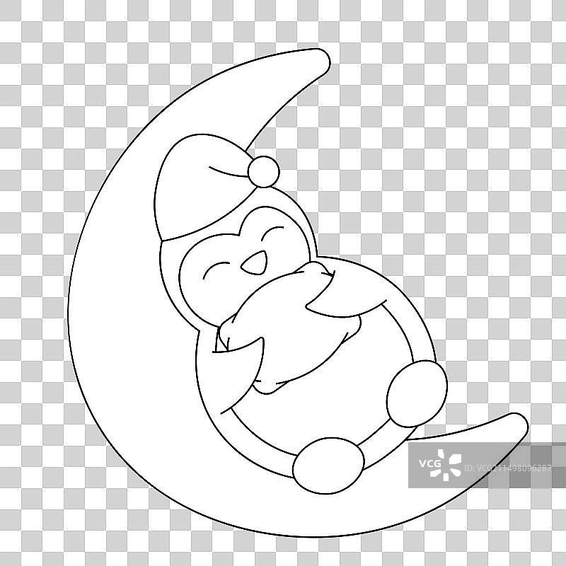 黑色月亮上的可爱卡通睡企鹅图片素材