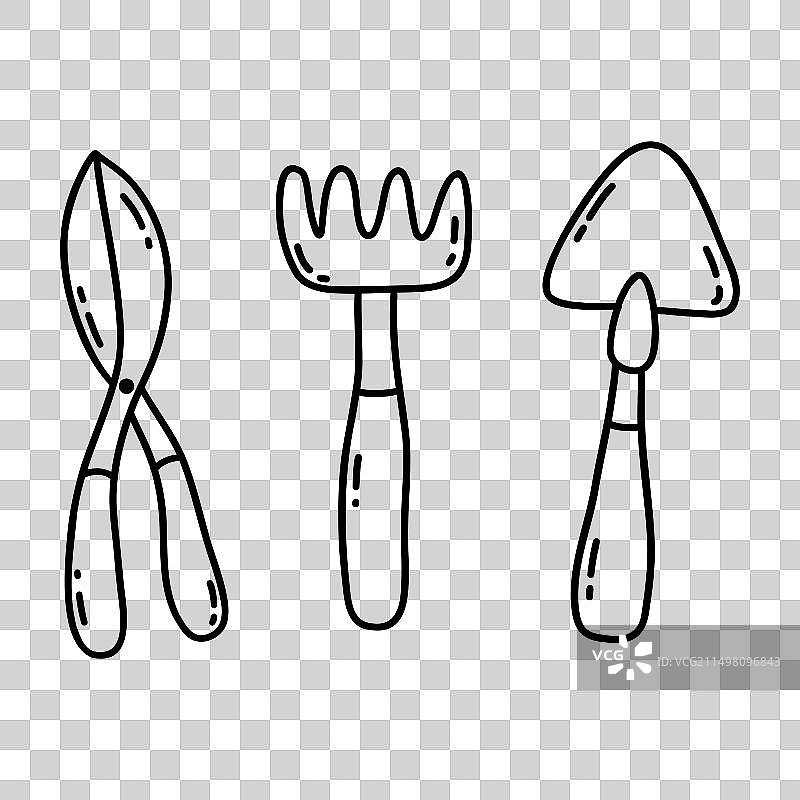 园艺设备套装：锄头、修剪器和中耕器图片素材