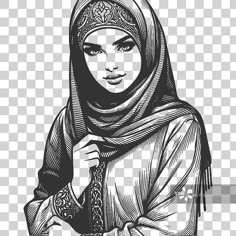 戴着头巾的优雅女人雕刻素描图片素材