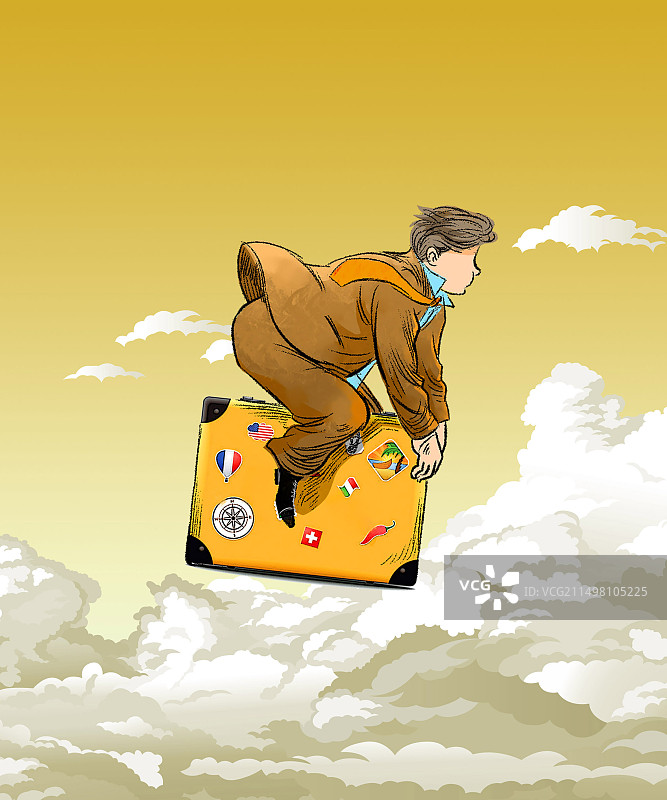 骑在旅行箱上飞行的渴望度假的男人图片素材