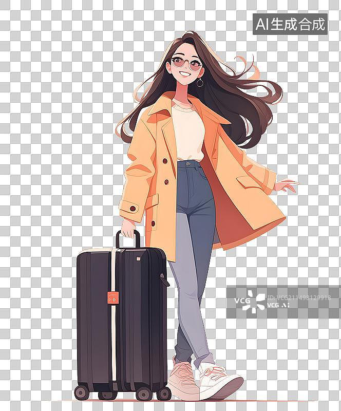 【AI数字艺术】拉着手提箱旅游出行的时尚年轻女孩图片素材