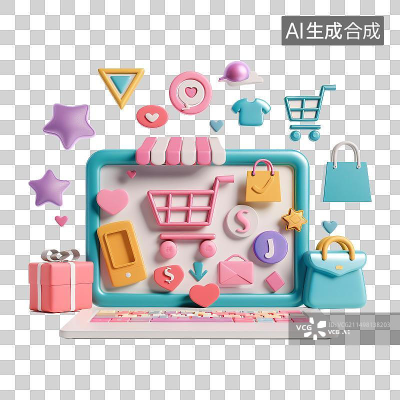 【AI数字艺术】3d卡通网上购物概念元素图片素材