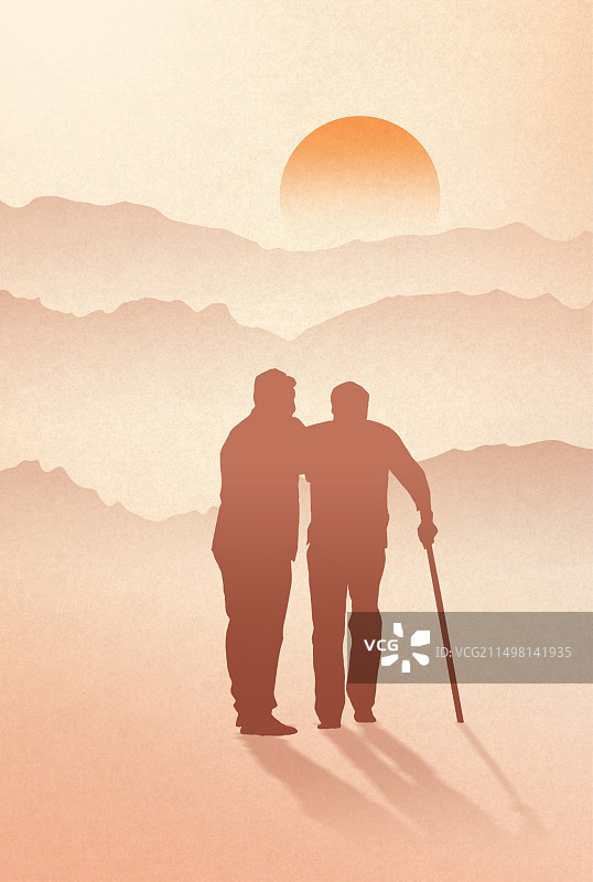 父亲节儿子扶着年迈的父亲住拐杖背影剪影剪影夕阳山脉金色复古纸纹理图片素材