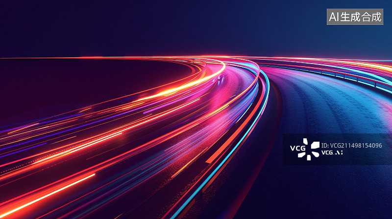 【AI数字艺术】夜晚道路的光线轨迹概念背景图片素材