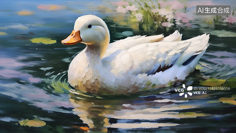 【AI数字艺术】一只在水里游泳的白色鸭子，手绘油画图片素材