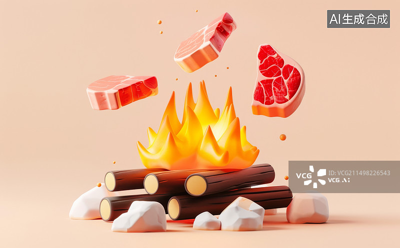 【AI数字艺术】夏天火堆烧烤3D插画图片素材