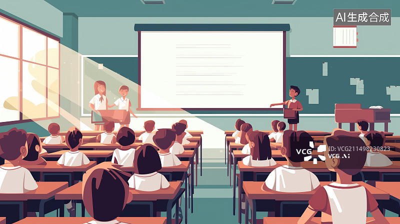 【AI数字艺术】小学生在上课场景插画海报图片素材