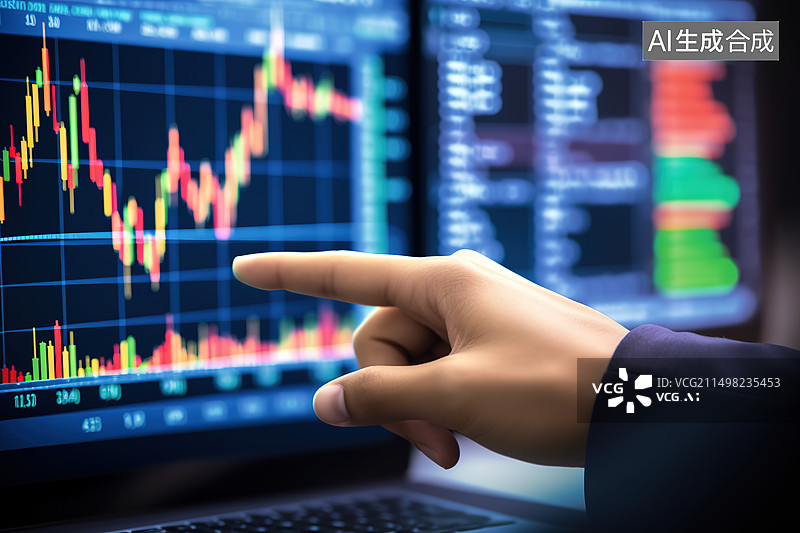【AI数字艺术】商人手指着股票大屏幕上的K线图图片素材