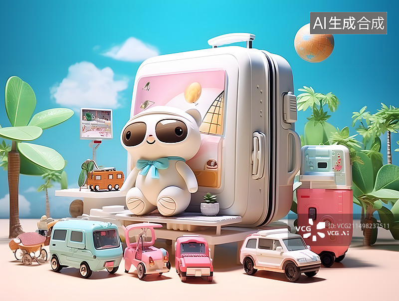【AI数字艺术】旅游行李箱插画场景图片素材