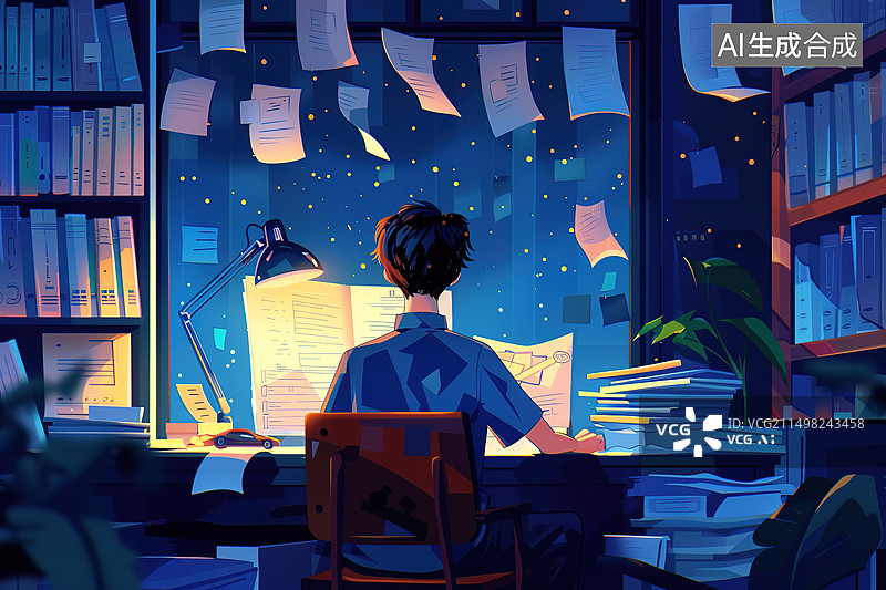 【AI数字艺术】学生准备考试夜晚学习场景插画图片素材