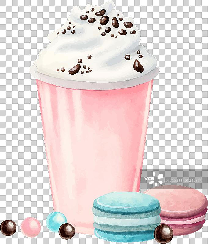粉色奶昔，含奶油和马卡龙图片素材
