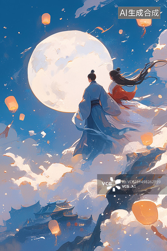 【AI数字艺术】七夕中秋节满月古风情侣仙侠风海报图片素材
