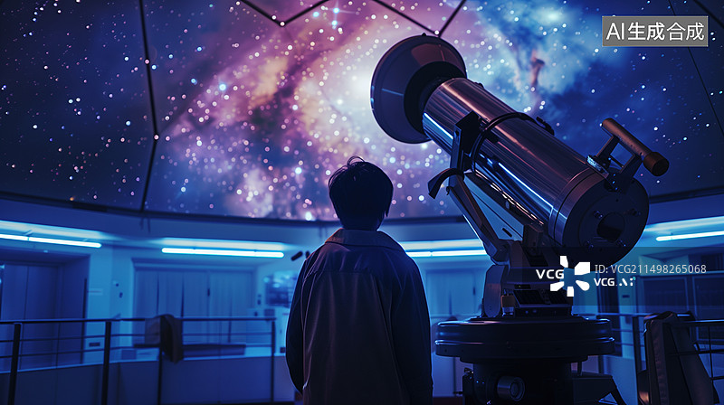 【AI数字艺术】一个中国天文学家在天文台内部用望远镜研究星空，写实风格背视图图片素材