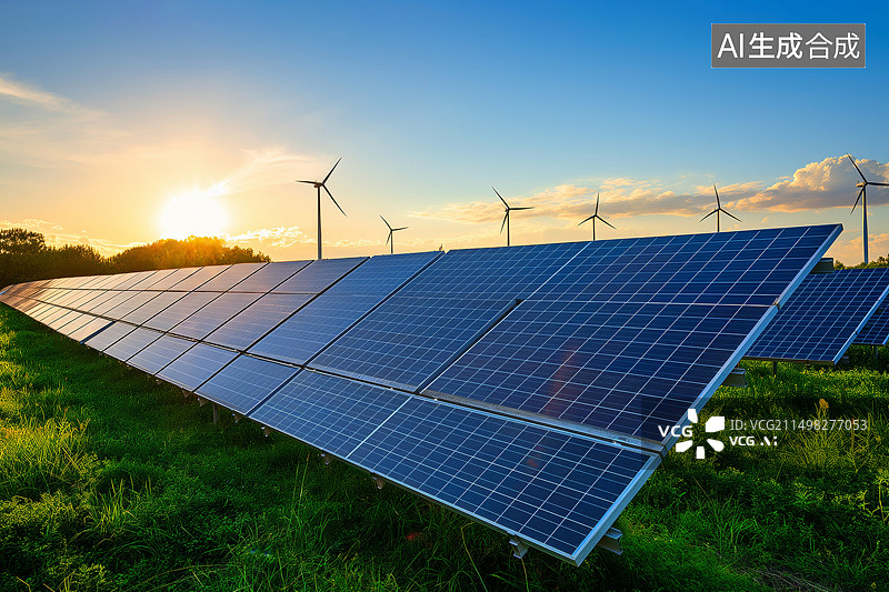 【AI数字艺术】草原上风力发电涡轮机风车和光伏发电太阳能板图片素材