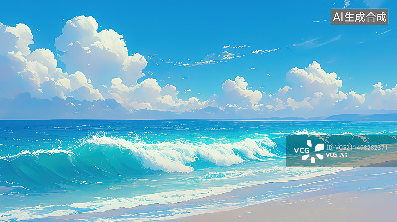 【AI数字艺术】动漫风格的夏日蓝天白云、海浪和沙滩插画图片素材