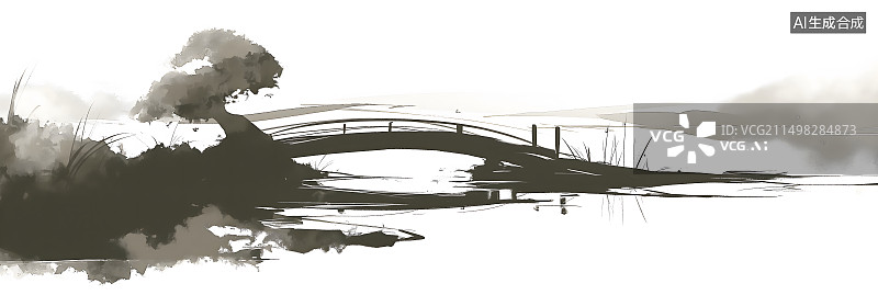 【AI数字艺术】黑白水墨写意小桥流水插画图片素材