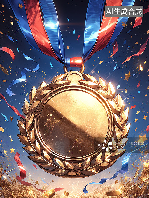 【AI数字艺术】五彩纷飞的庆祝背景中的金质奖牌图片素材