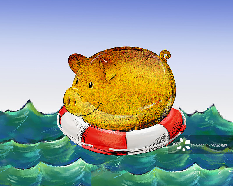 海浪里的存钱罐，套着救生圈安全投资图片素材