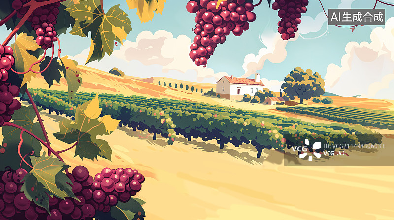 【AI数字艺术】葡萄庄园插画图片素材