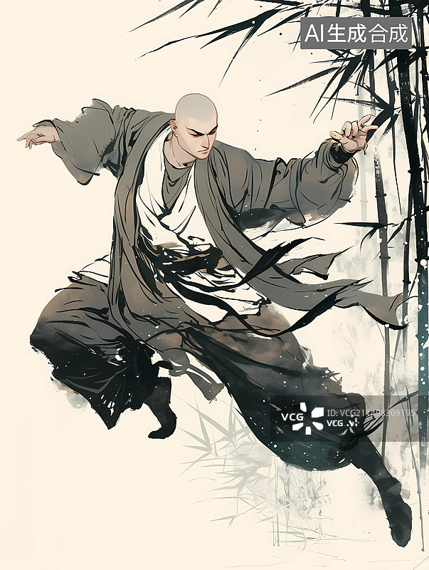 【AI数字艺术】竹林背景中国武术写意水墨画图片素材