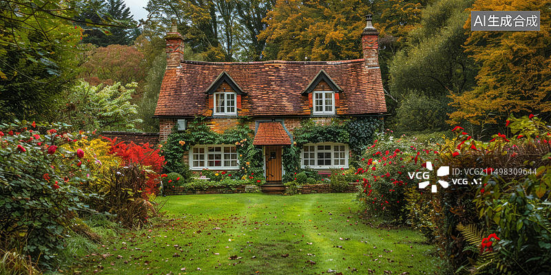 【AI数字艺术】秋日英格兰乡村农舍的花园美景图片素材