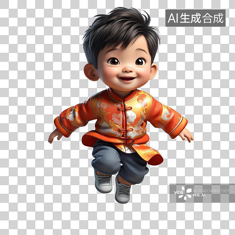 【AI数字艺术】3D卡通人物，一个穿着传统服装，欢快奔跑跳跃的小男孩，穿唐装汉服的儿童，喜庆，快乐，微笑，愉悦，春节图片素材