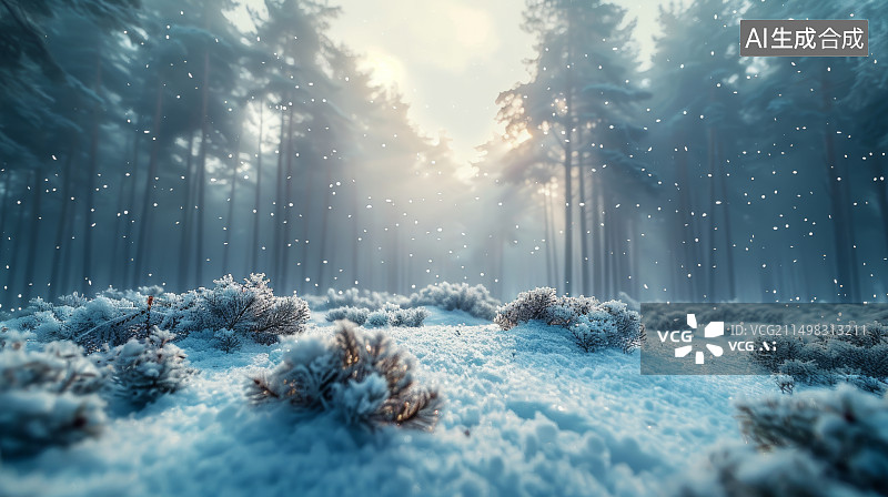 【AI数字艺术】冬季背景：雪花飞舞的松树林图片素材