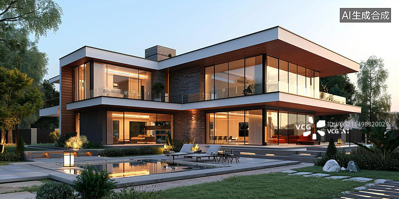 【AI数字艺术】带游泳池的现代住宅图片素材