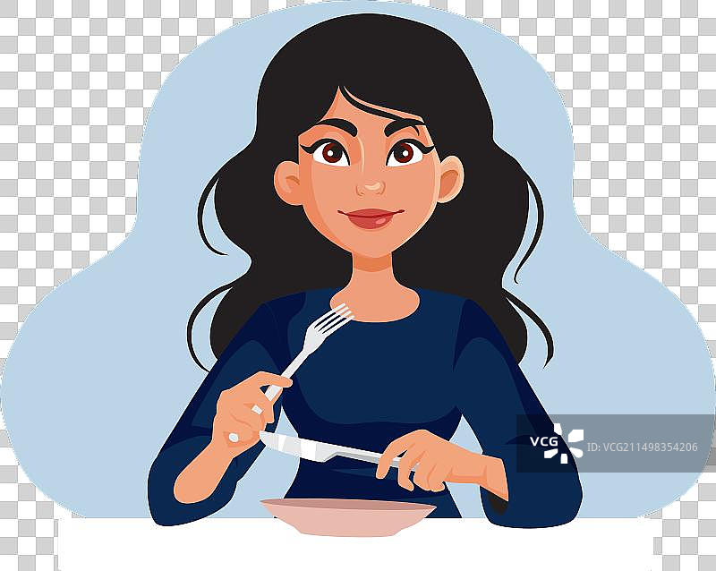 快乐女人手持刀叉准备用餐图片素材
